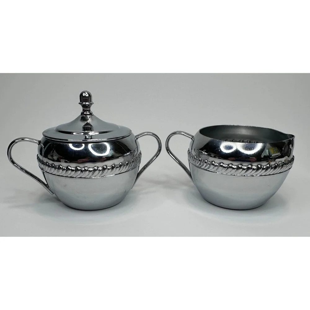 Vintage Irvinware Sugar & Creamer Serving Set‎ Chrome Tone Makers Mark MCM USA
